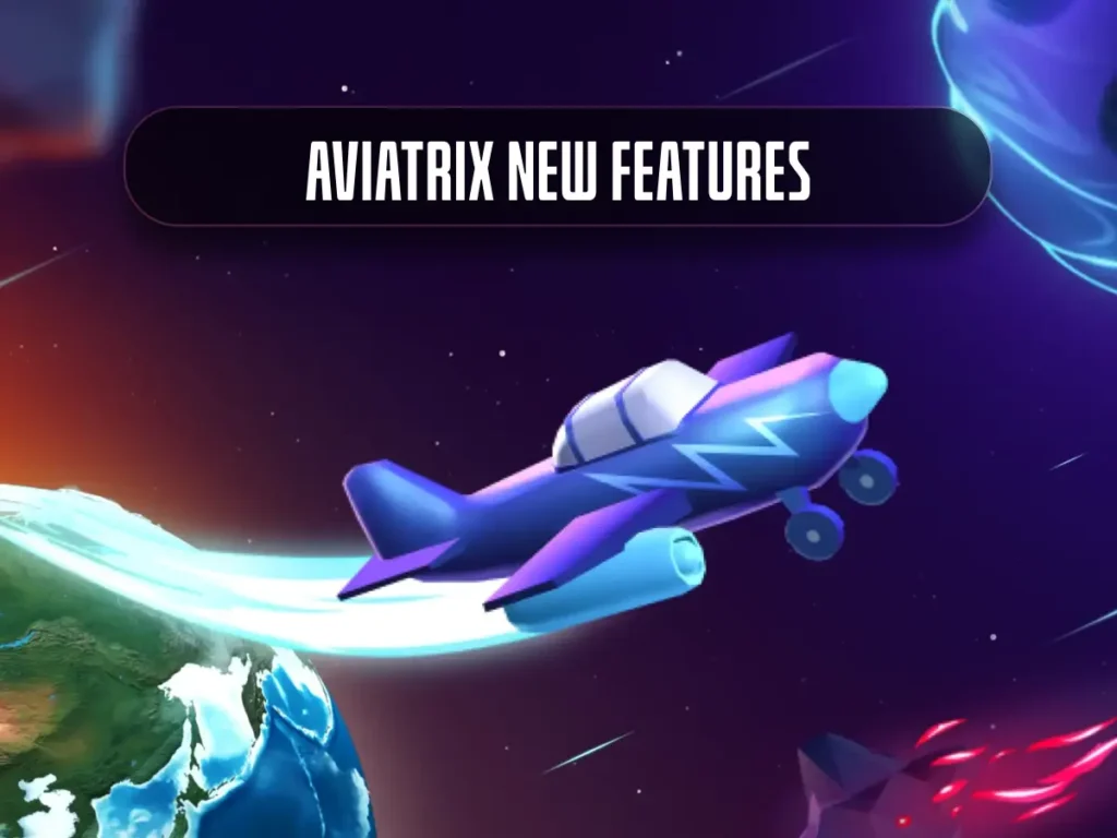 A futuristic purple plane flies in space near Earth, trailing bright light. A banner above reads "Aviatrix New Features." The tone is adventurous