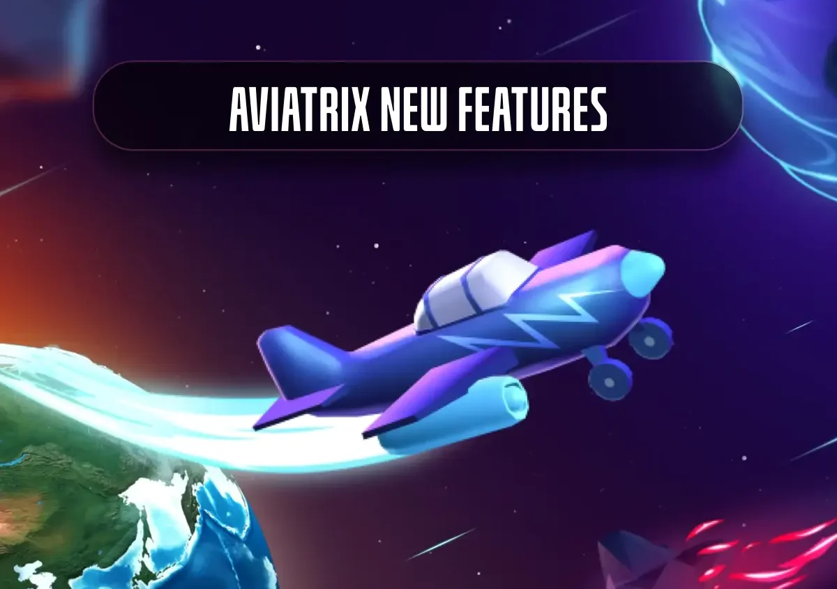 A futuristic purple plane flies in space near Earth, trailing bright light. A banner above reads "Aviatrix New Features." The tone is adventurous