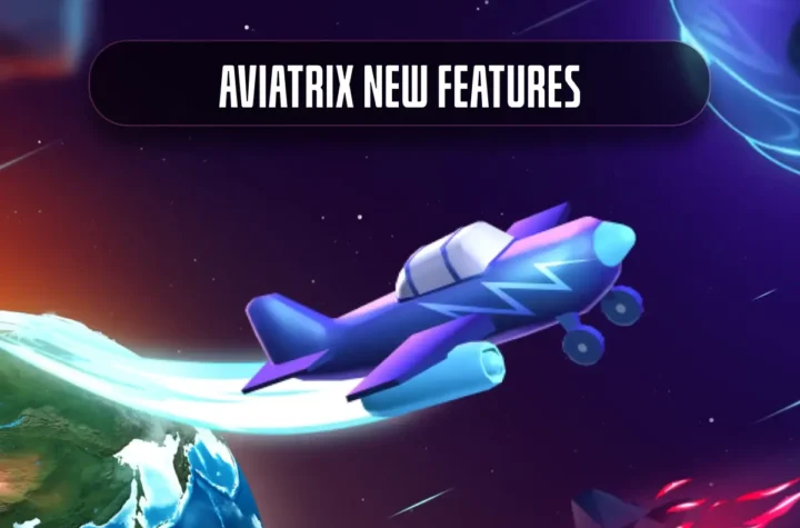 A futuristic purple plane flies in space near Earth, trailing bright light. A banner above reads "Aviatrix New Features." The tone is adventurous